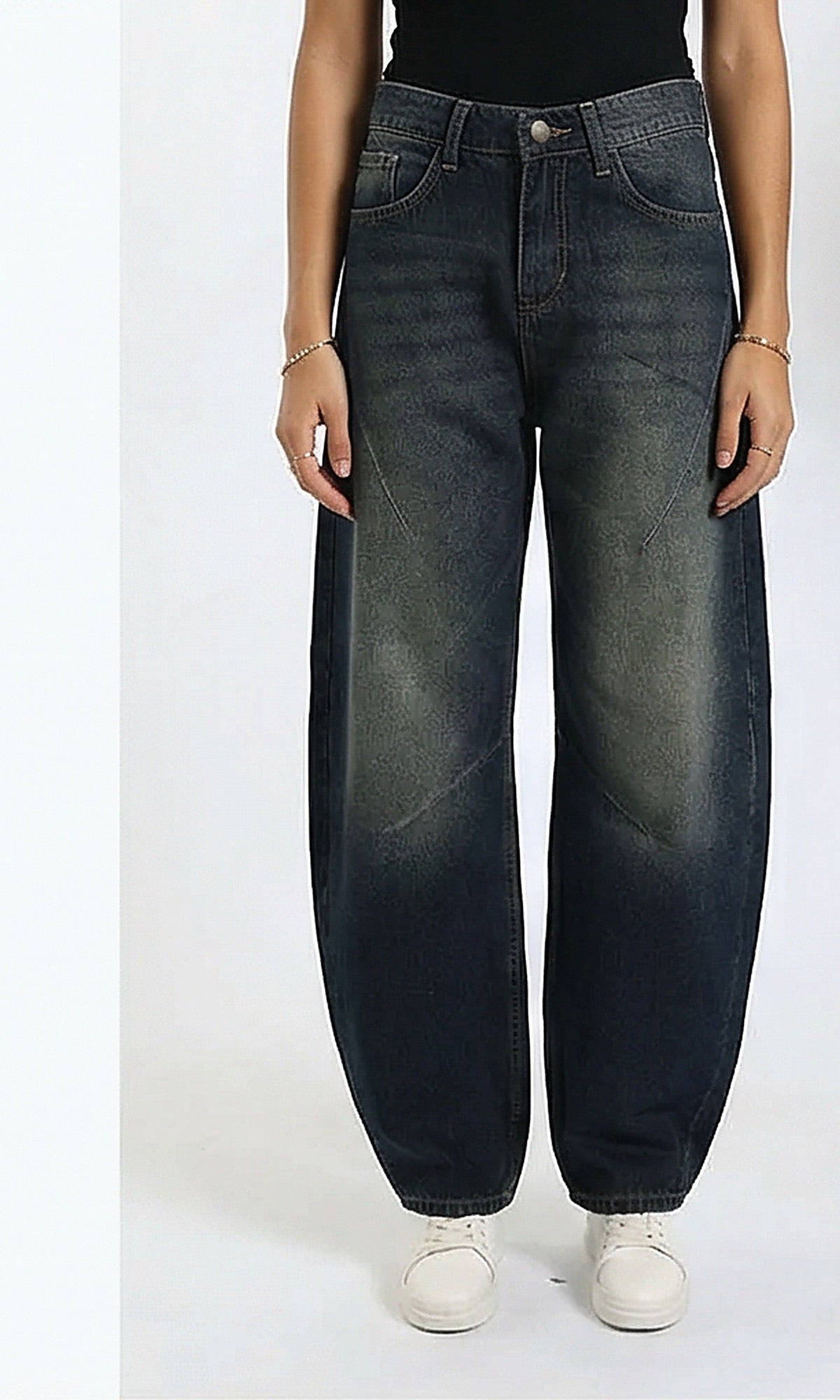 Casual Wide-Leg Washed Jeans - Navy Blue