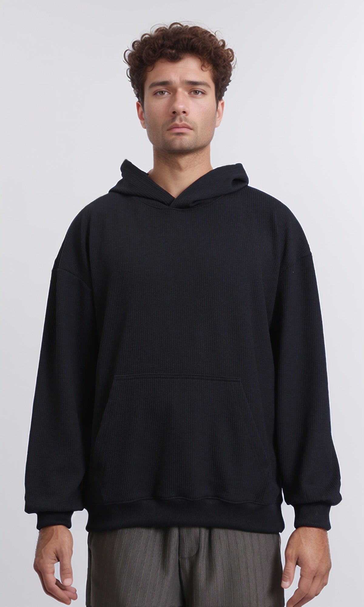 R215236 - Ribbed Hoodie with Kangaroo Pocket - Black