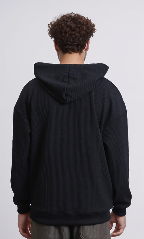 R215236 - Ribbed Hoodie with Kangaroo Pocket - Black