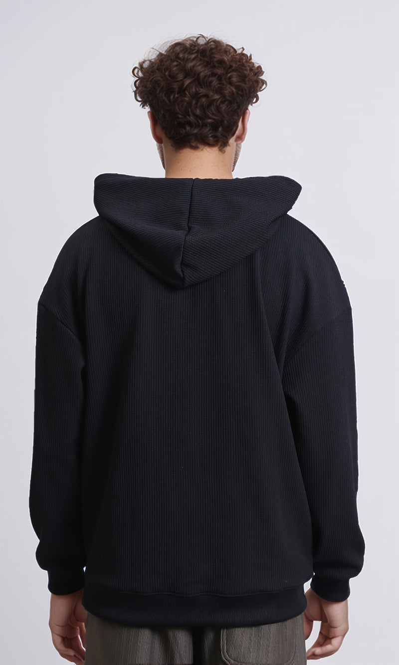 R215236 - Ribbed Hoodie with Kangaroo Pocket - Black
