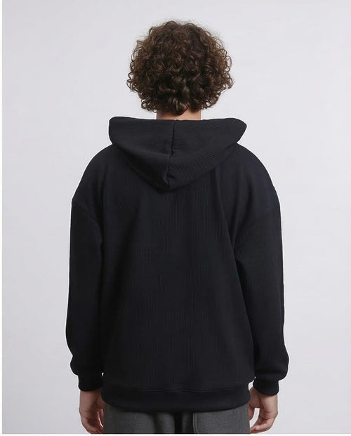 R215236 - Ribbed Hoodie with Kangaroo Pocket - Black
