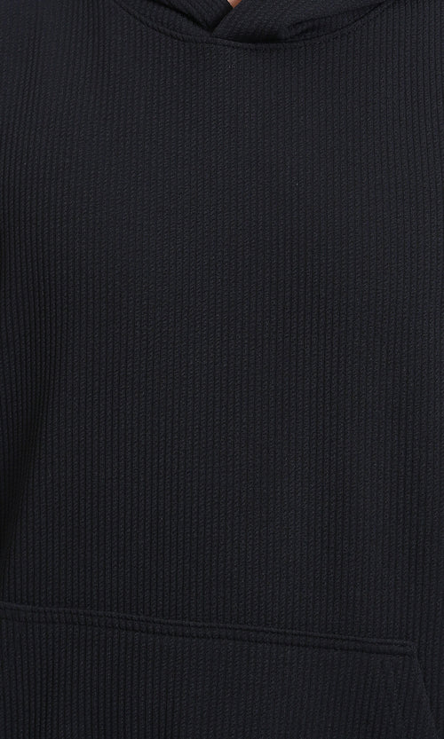 R215236 - Ribbed Hoodie with Kangaroo Pocket - Black