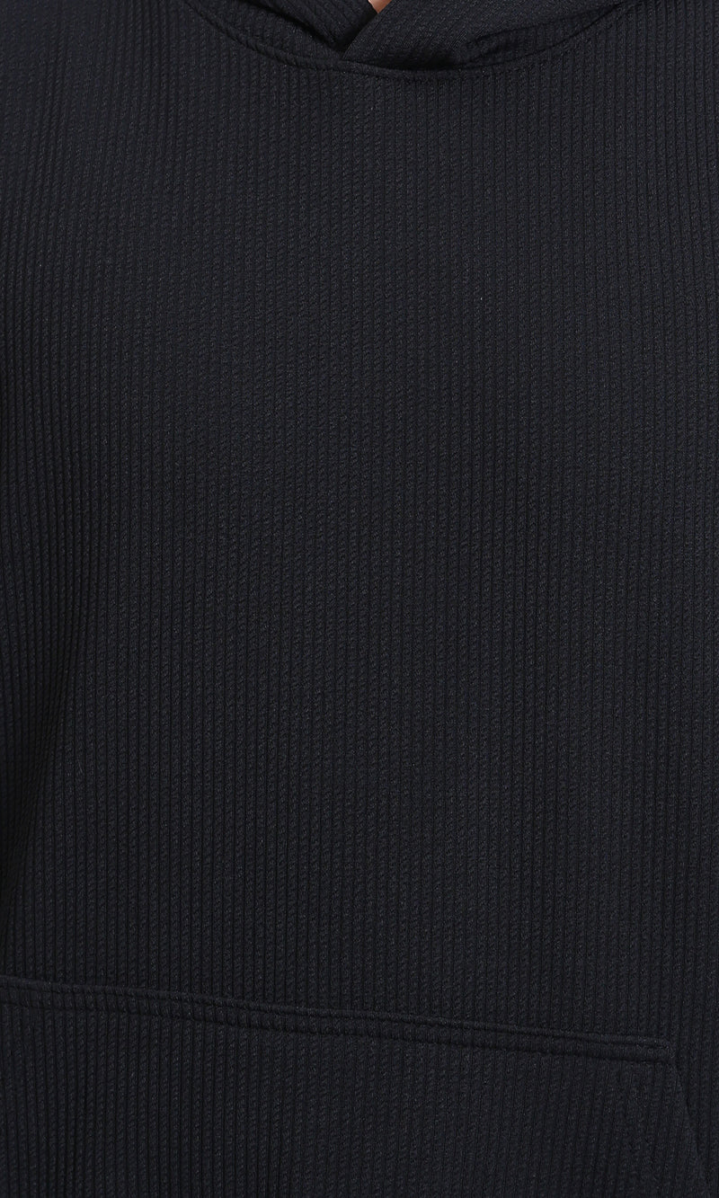 R215236 - Ribbed Hoodie with Kangaroo Pocket - Black