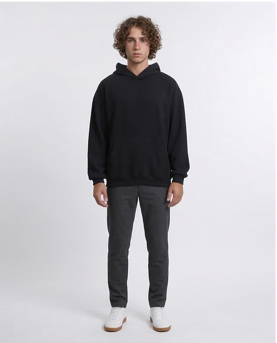 R215236 - Ribbed Hoodie with Kangaroo Pocket - Black