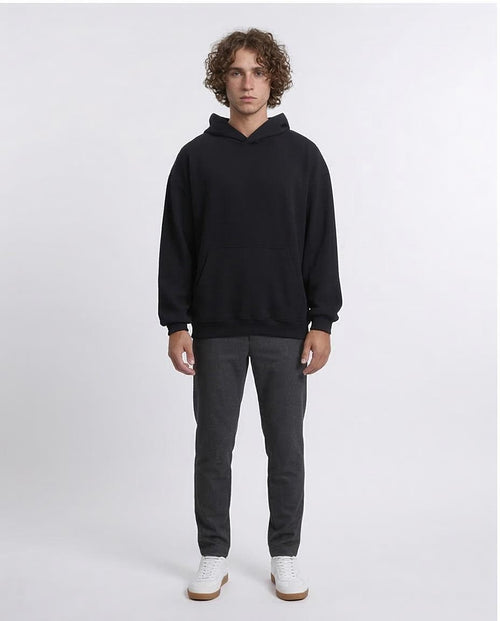 R215236 - Ribbed Hoodie with Kangaroo Pocket - Black