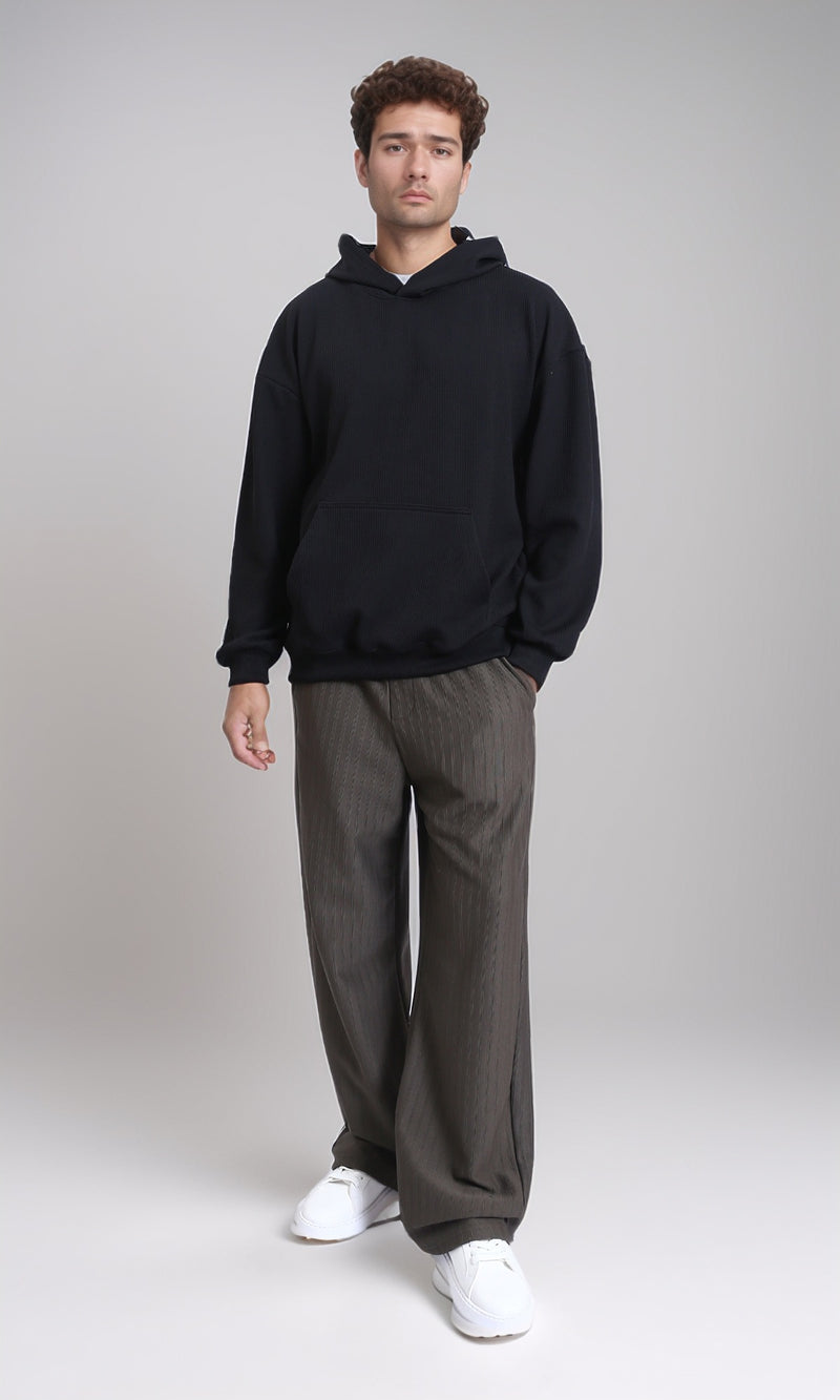 R215236 - Ribbed Hoodie with Kangaroo Pocket - Black