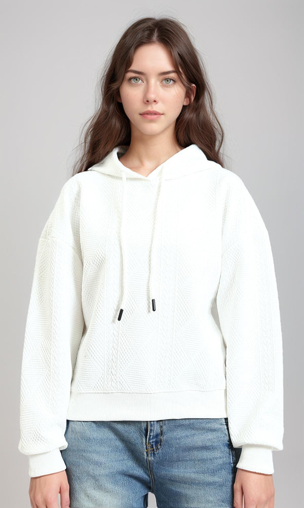 R215239 - Self Pattern Slip On Casual Hoodie - White