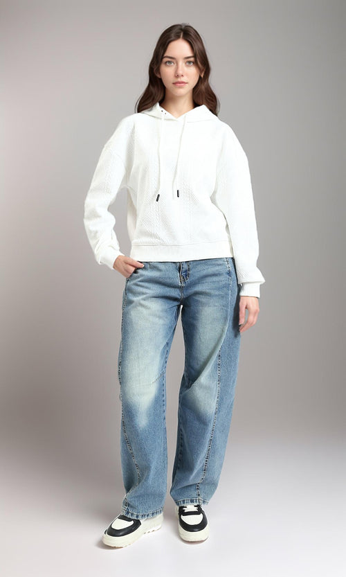 R215239 - Self Pattern Slip On Casual Hoodie - White
