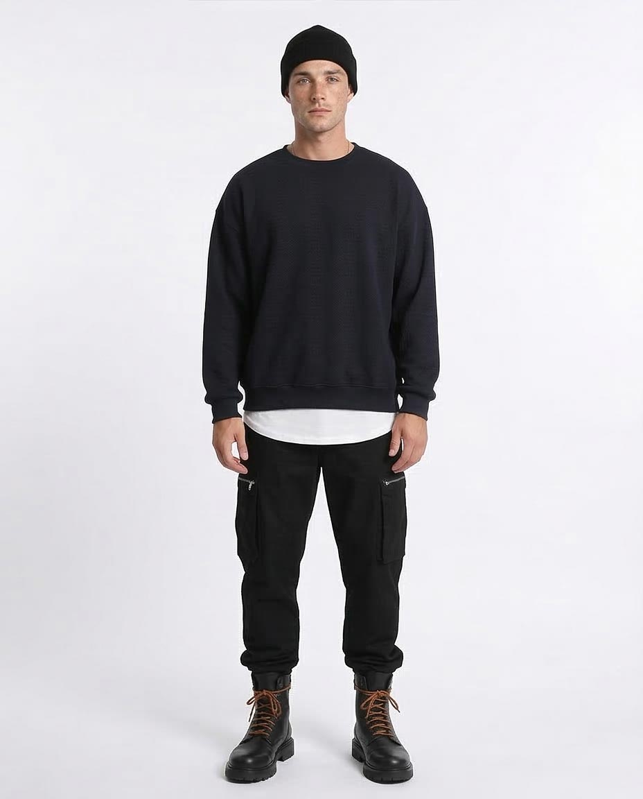 Ravin Men's Herringbone Textured Relaxed-Fit Crewneck Sweater - Black - R215241