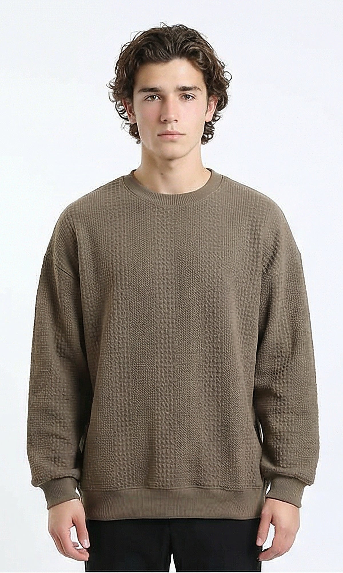 Relaxed Fit Textured Sweatshirt with Hem - Dark Coffee