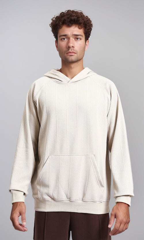 R215243 - Self Ribbed Slip On Hoodie - Light Beige