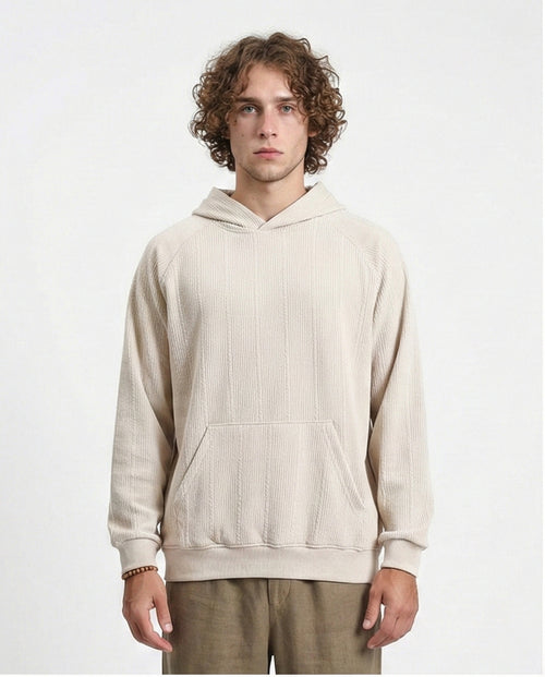 Self Ribbed Slip On Hoodie - Light Beige