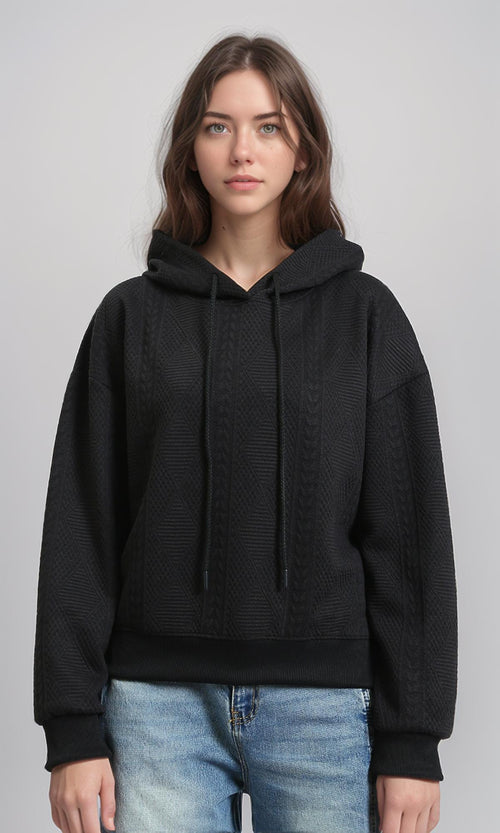 R215249 - Self Pattern Slip On Casual Hoodie - Black