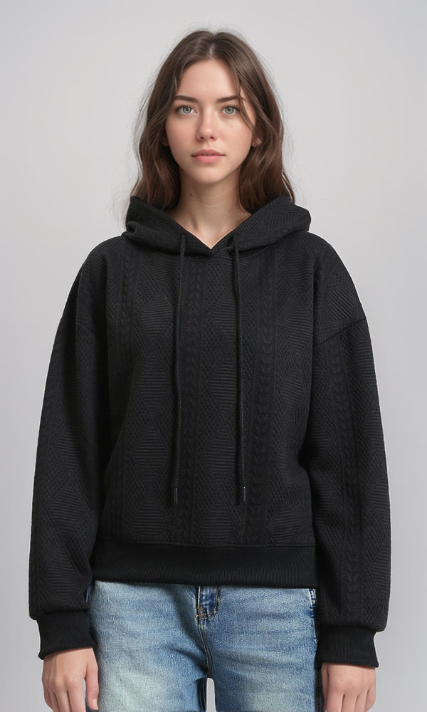R215249 - Self Pattern Slip On Casual Hoodie - Black