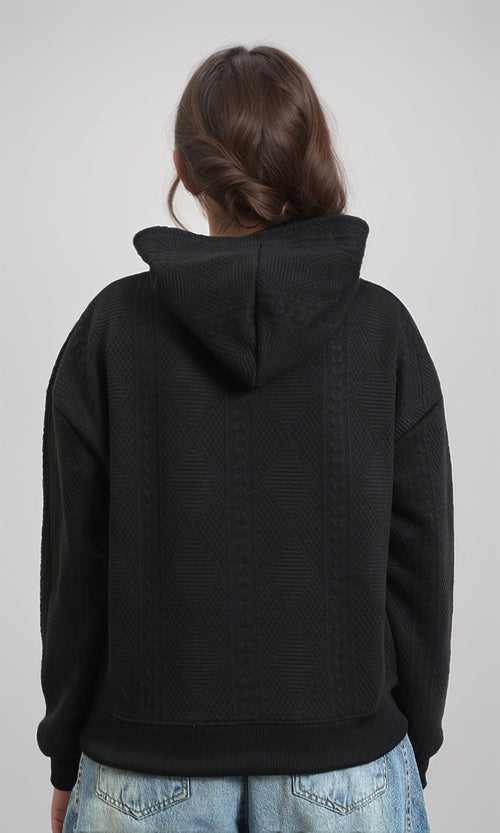 R215249 - Self Pattern Slip On Casual Hoodie - Black