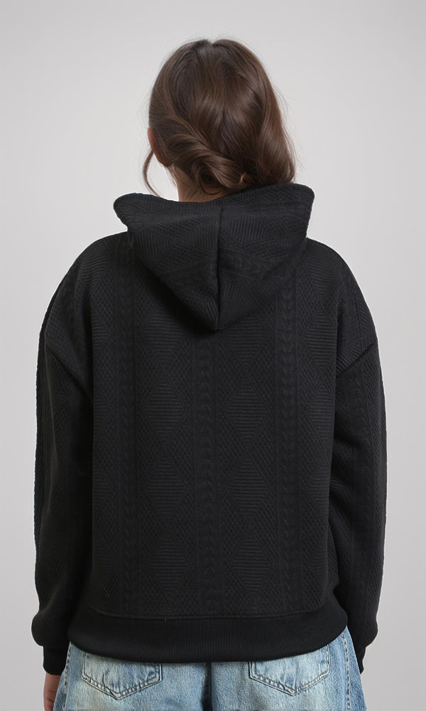 R215249 - Self Pattern Slip On Casual Hoodie - Black