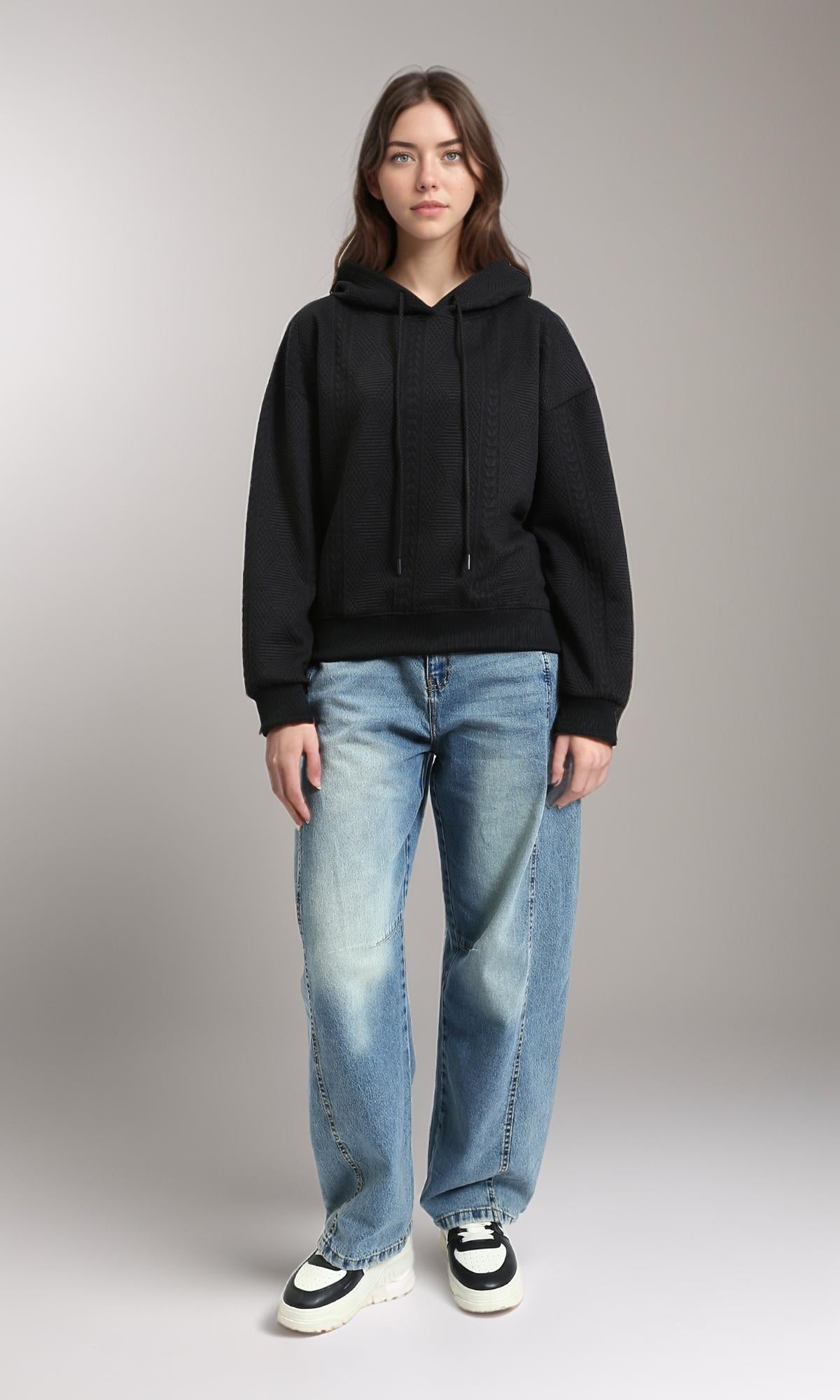 R215249 - Self Pattern Slip On Casual Hoodie - Black