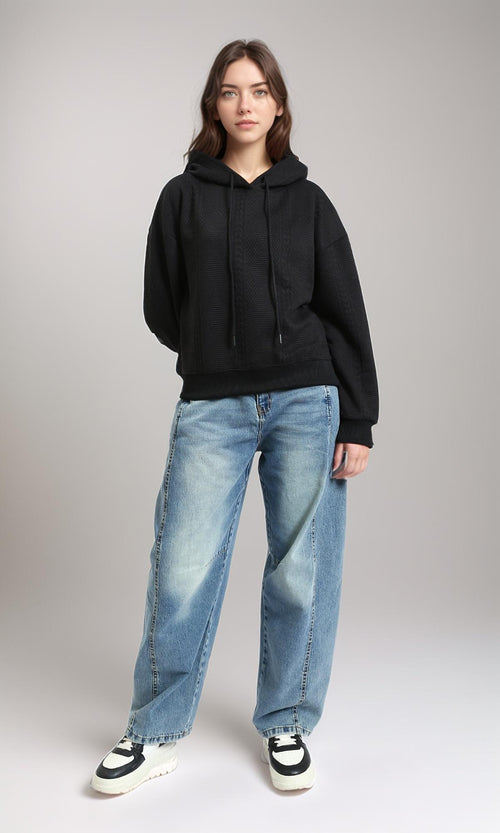 R215249 - Self Pattern Slip On Casual Hoodie - Black