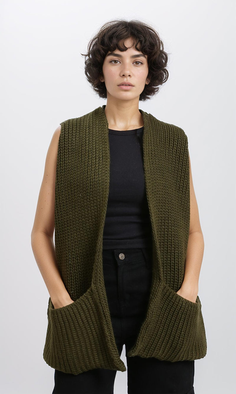 R215260 - Slip On Knitted Scarf with Pockets - Army