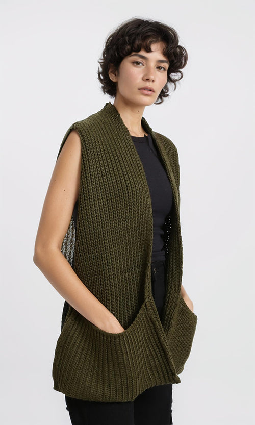 R215260 - Slip On Knitted Scarf with Pockets - Army