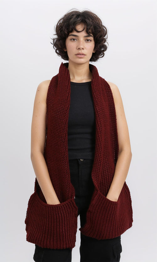 R215261 - Slip On Knitted Scarf with Pockets - Burgundy