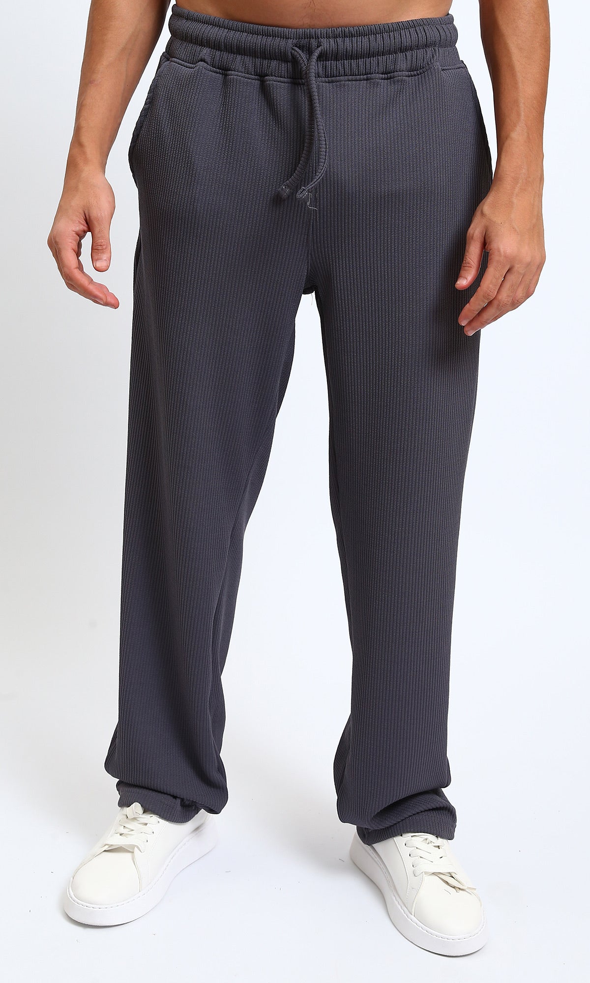 Slip On Comfy Ribbed Pants - Dark Grey