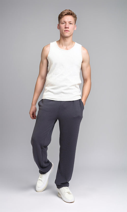 R215278 - Slip On Comfy Ribbed Pants - Dark Grey