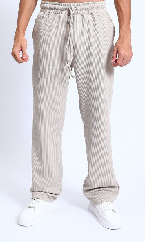 R215280 - Slip On Ribbed Drawstring Pants - Light Beige