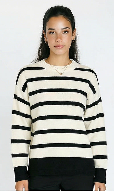 Slip On Long Sleeves Striped Pullover - Off-White & Black