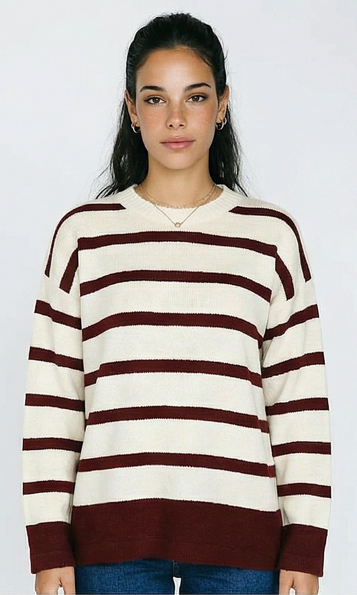 Slip On Long Sleeves Striped Pullover - Off-White & Burgundy