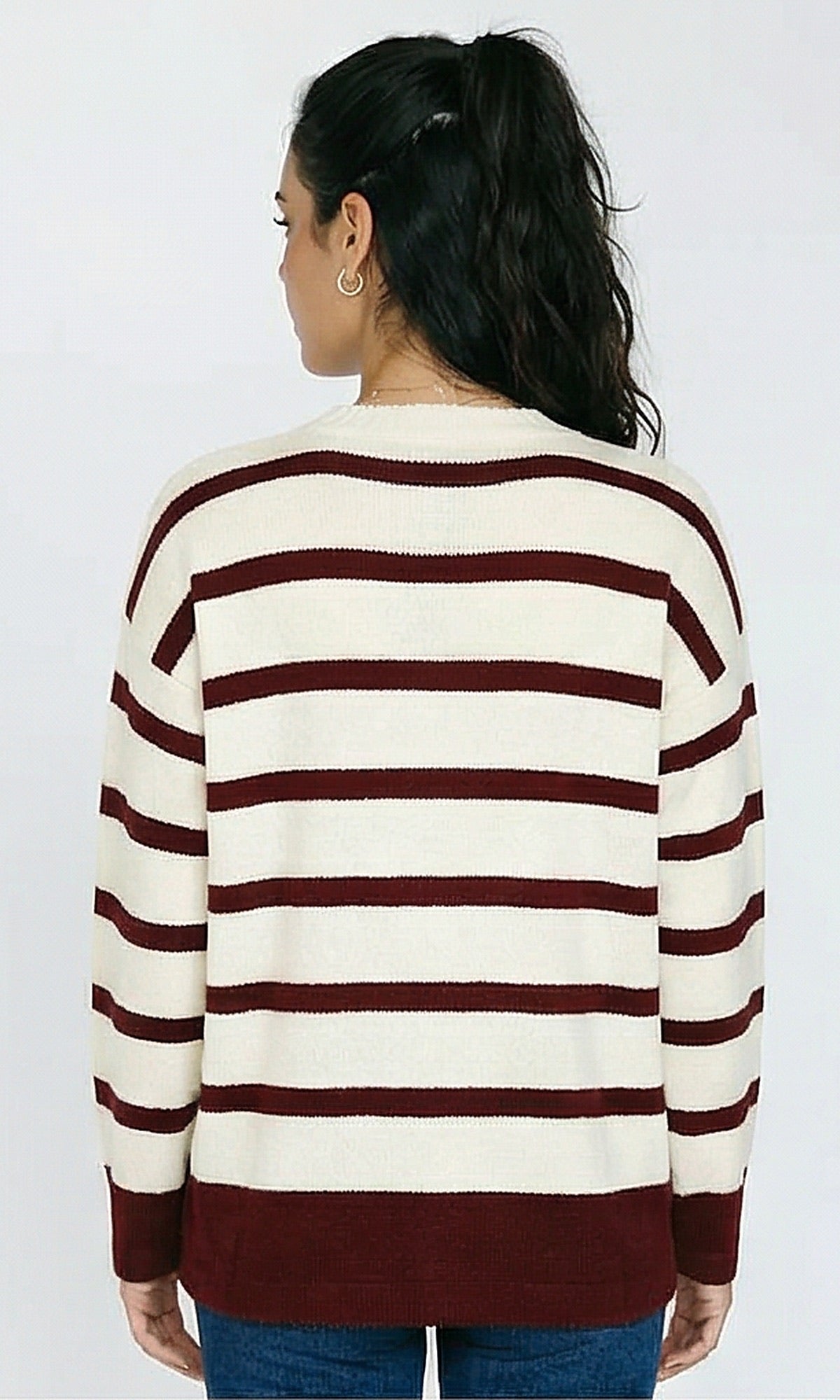 R215283 - Slip On Long Sleeves Striped Pullover - Off-White & Burgundy