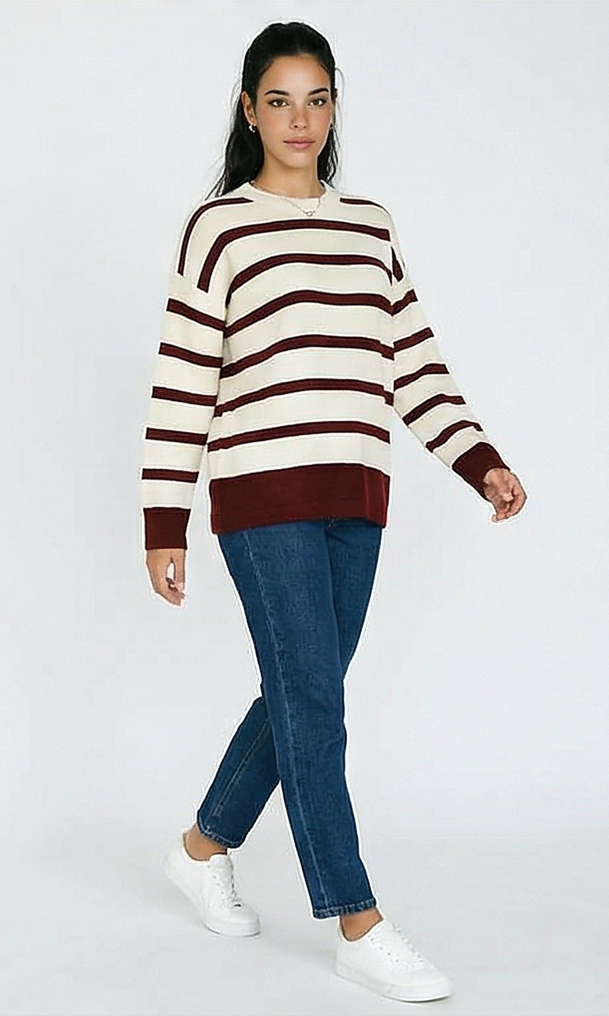 R215283 - Slip On Long Sleeves Striped Pullover - Off-White & Burgundy