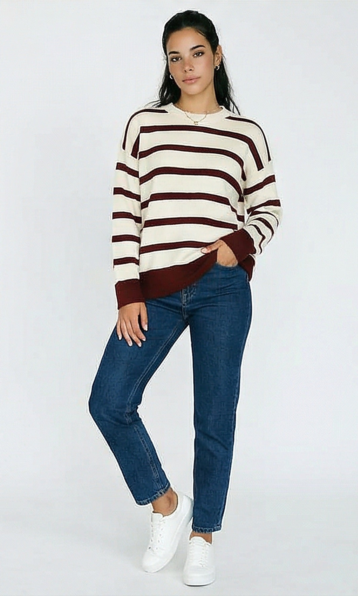 R215283 - Slip On Long Sleeves Striped Pullover - Off-White & Burgundy