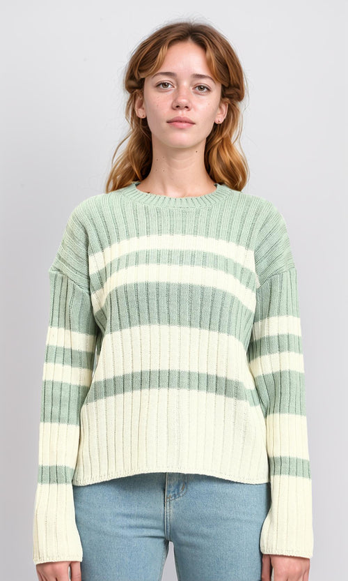 R215284 - Ribbed Crew Neck Striped Pullover - Light Mint & White