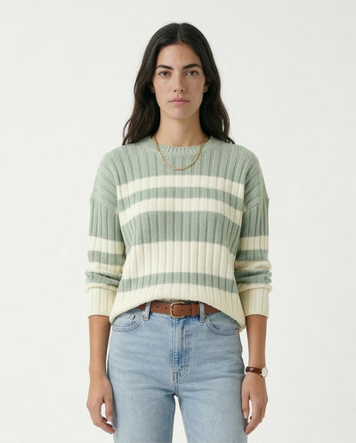 Women's Striped Rib-Knit Oversized Sweater - Light Mint & White