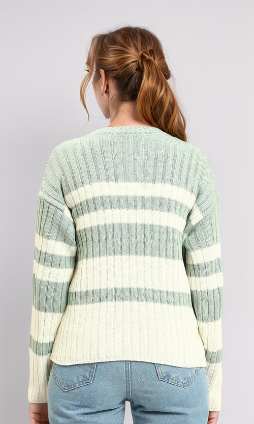 R215284 - Ribbed Crew Neck Striped Pullover - Light Mint & White