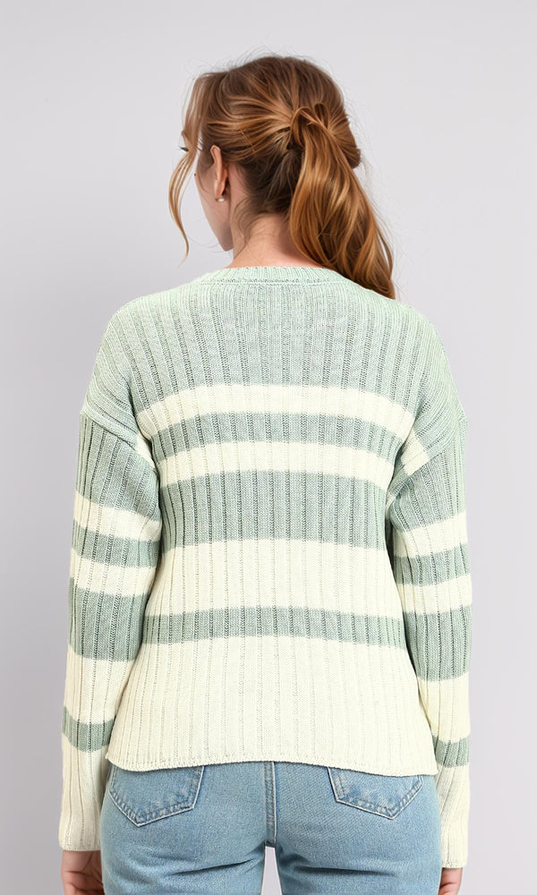 R215284 - Ribbed Crew Neck Striped Pullover - Light Mint & White