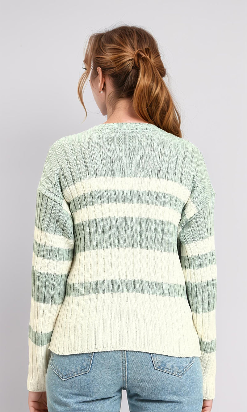 R215284 - Ribbed Crew Neck Striped Pullover - Light Mint & White