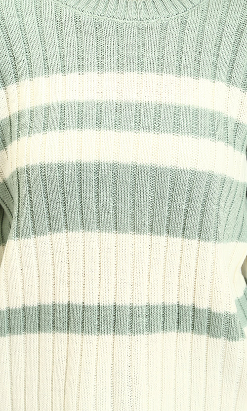 R215284 - Ribbed Crew Neck Striped Pullover - Light Mint & White