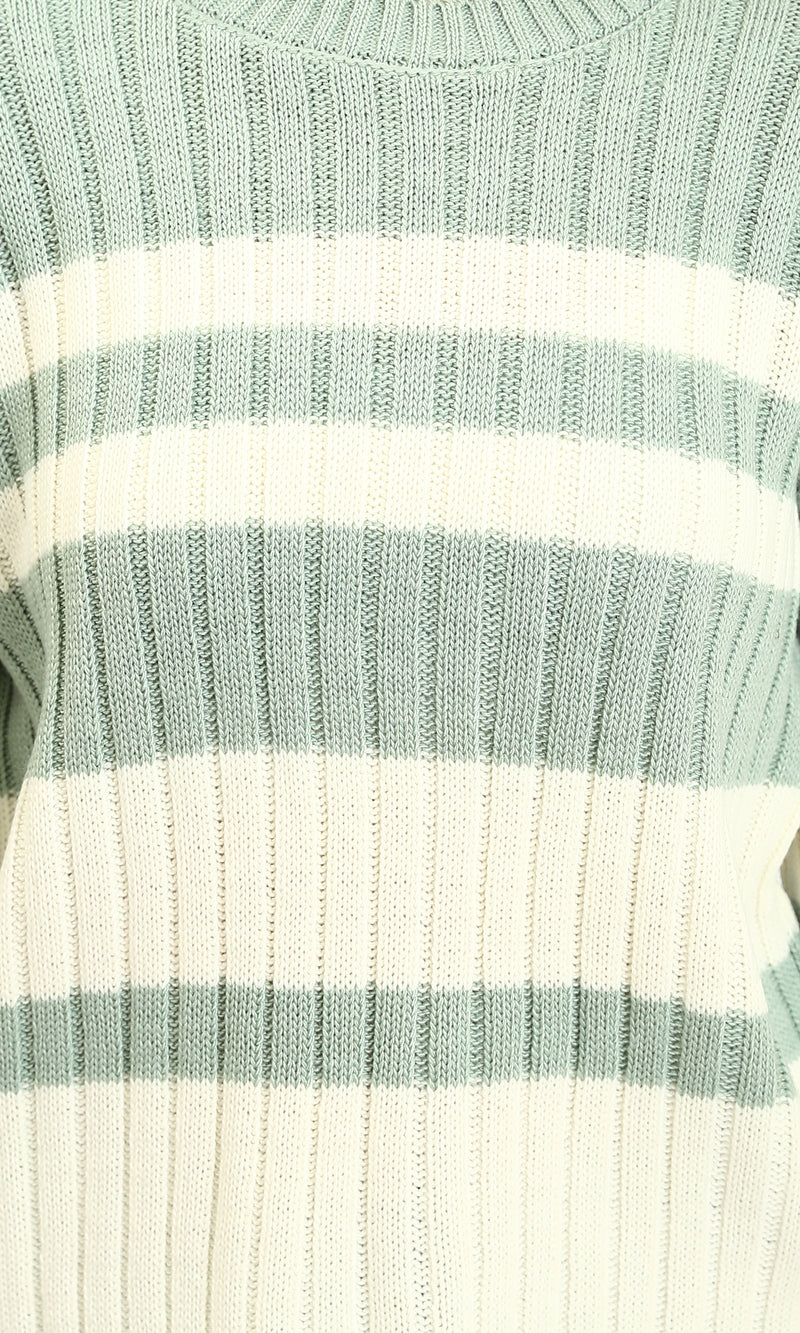 R215284 - Ribbed Crew Neck Striped Pullover - Light Mint & White