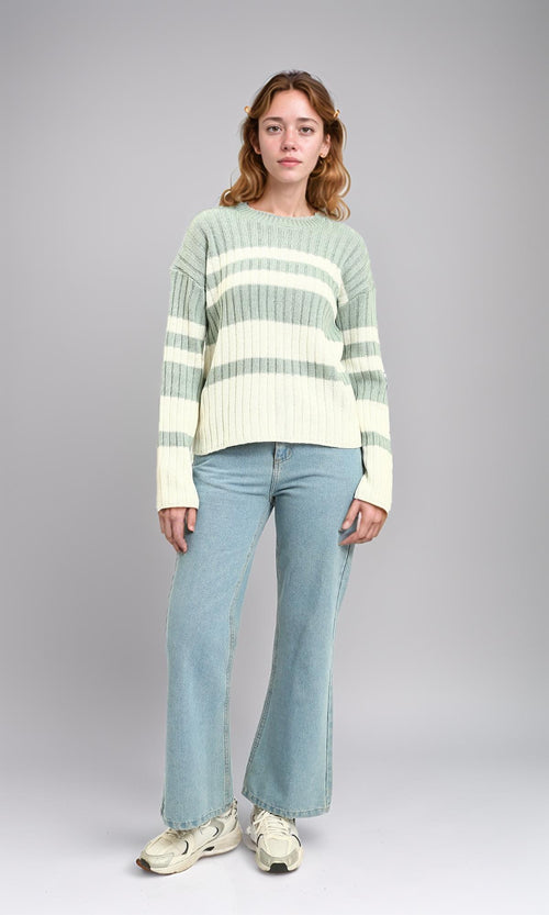 R215284 - Ribbed Crew Neck Striped Pullover - Light Mint & White