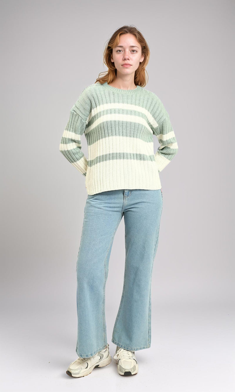 R215284 - Ribbed Crew Neck Striped Pullover - Light Mint & White