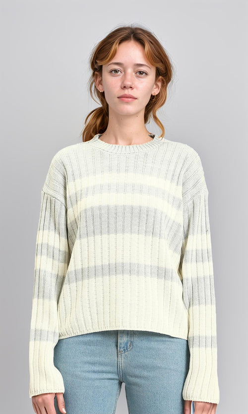 R215285 - Ribbed Crew Neck Striped Pullover - Light Grey & White