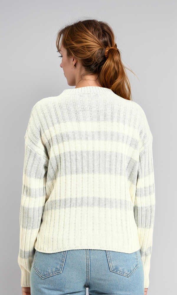 R215285 - Ribbed Crew Neck Striped Pullover - Light Grey & White