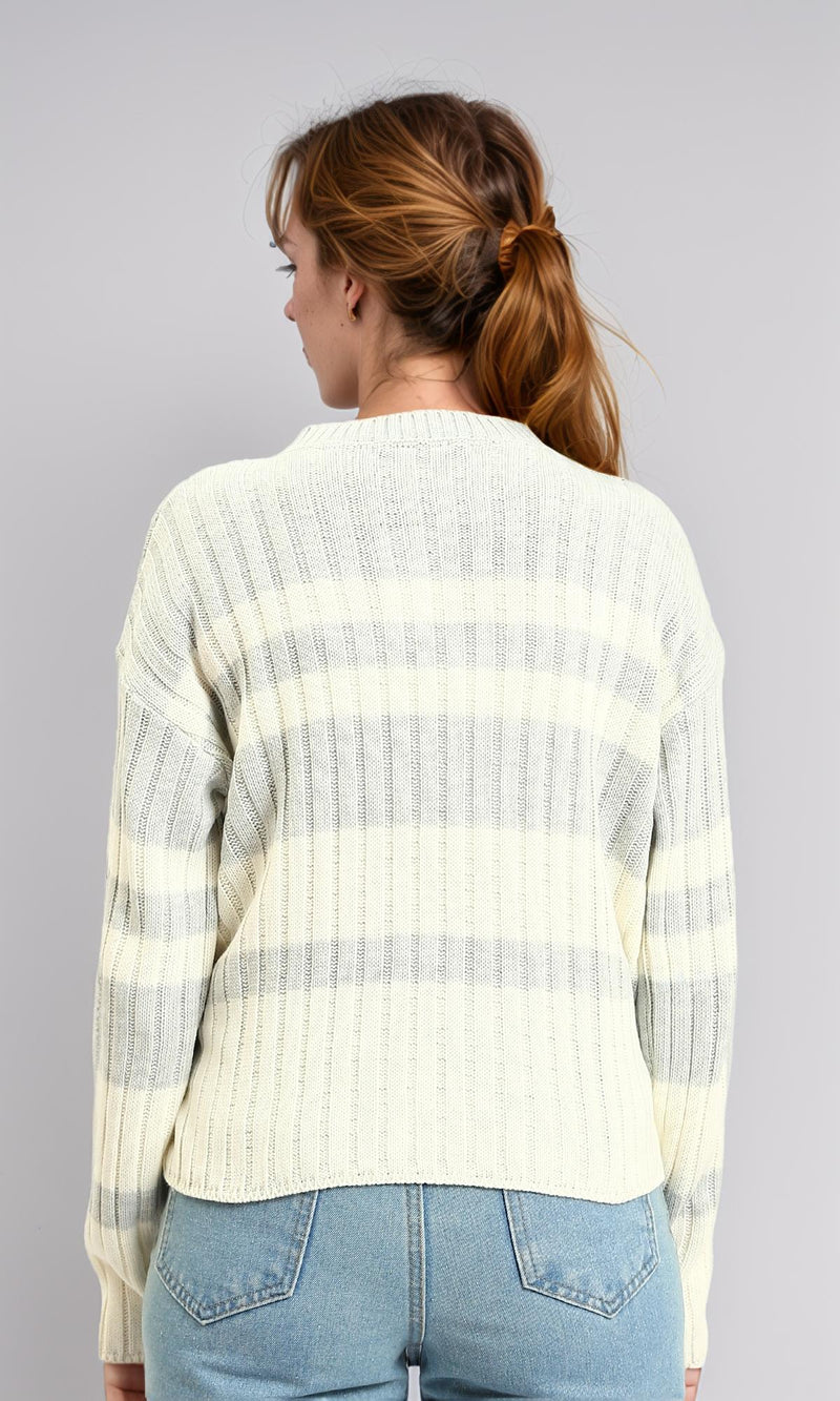 R215285 - Ribbed Crew Neck Striped Pullover - Light Grey & White