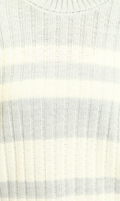 R215285 - Ribbed Crew Neck Striped Pullover - Light Grey & White