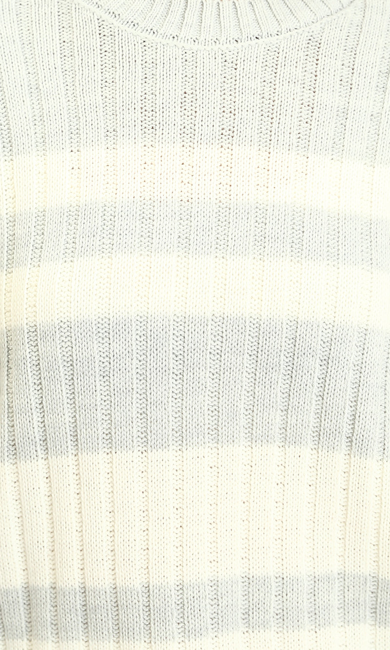 R215285 - Ribbed Crew Neck Striped Pullover - Light Grey & White