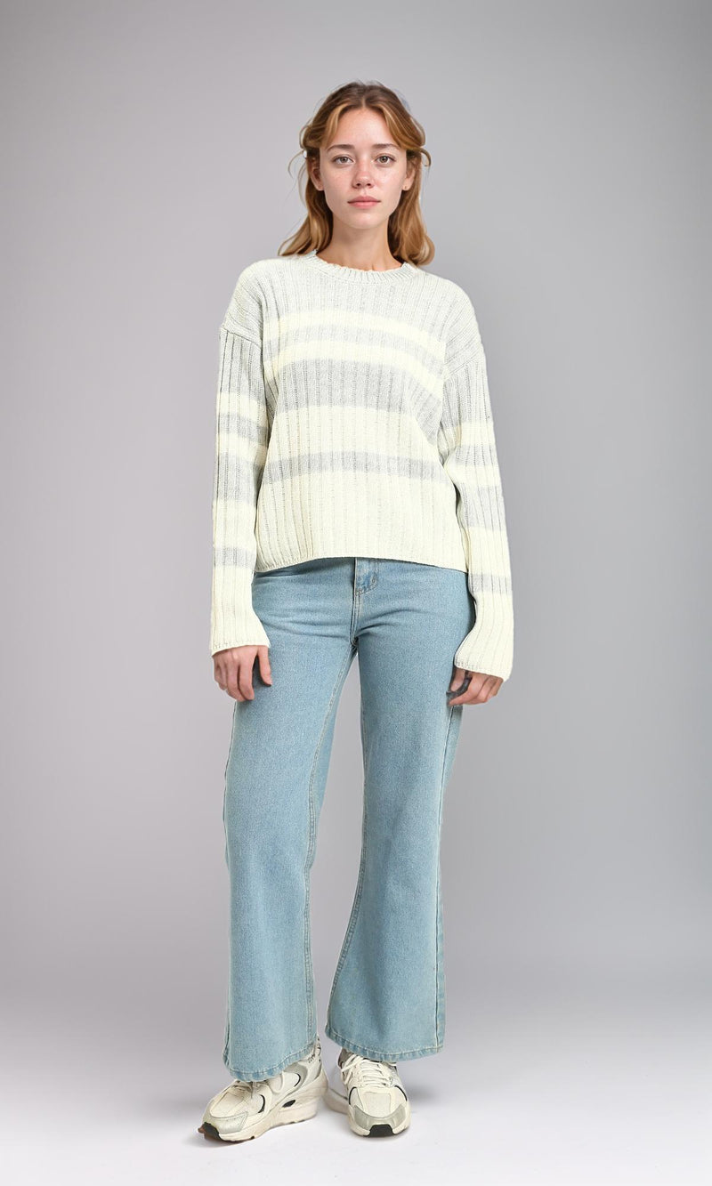R215285 - Ribbed Crew Neck Striped Pullover - Light Grey & White