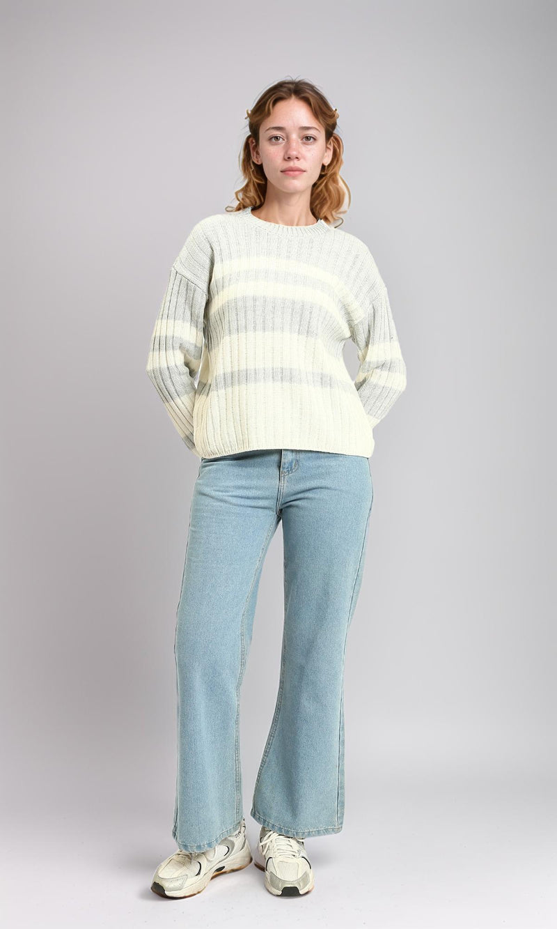 R215285 - Ribbed Crew Neck Striped Pullover - Light Grey & White