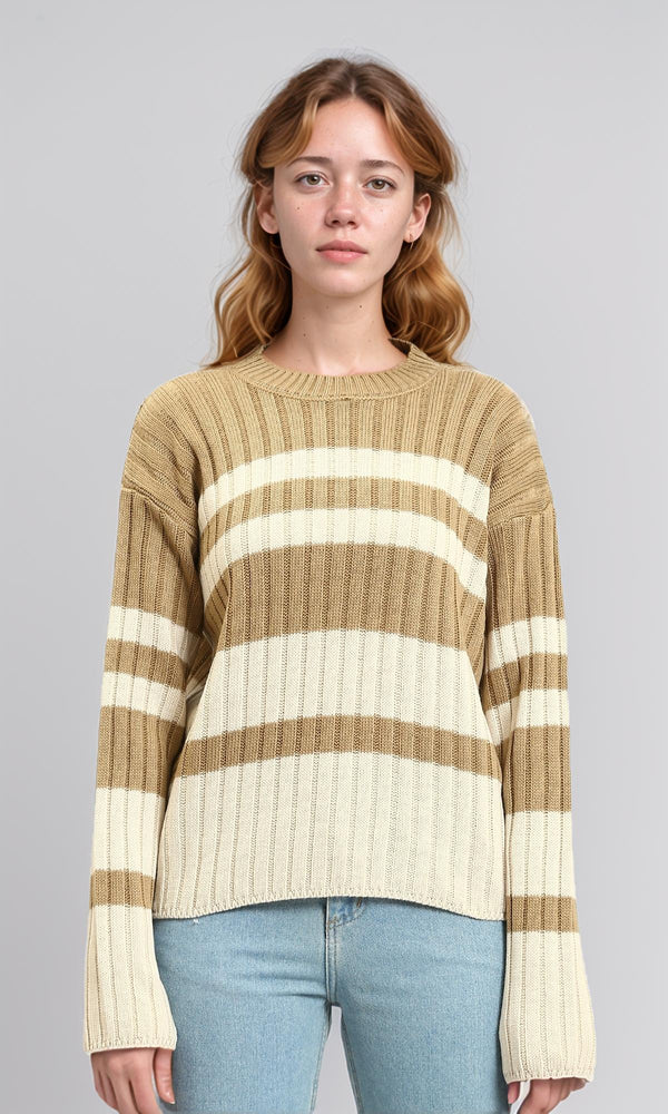 R215286 - Ribbed Crew Neck Striped Pullover - Light Brown & White